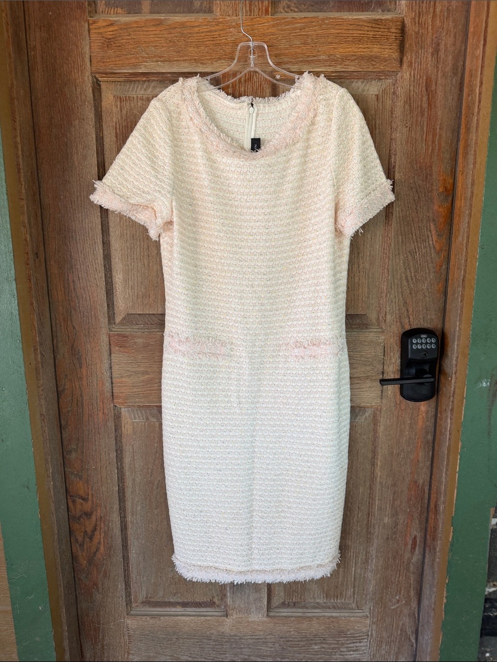 St John Elegant Cream Textured Short-Sleeve Sheath Dress Sz 112